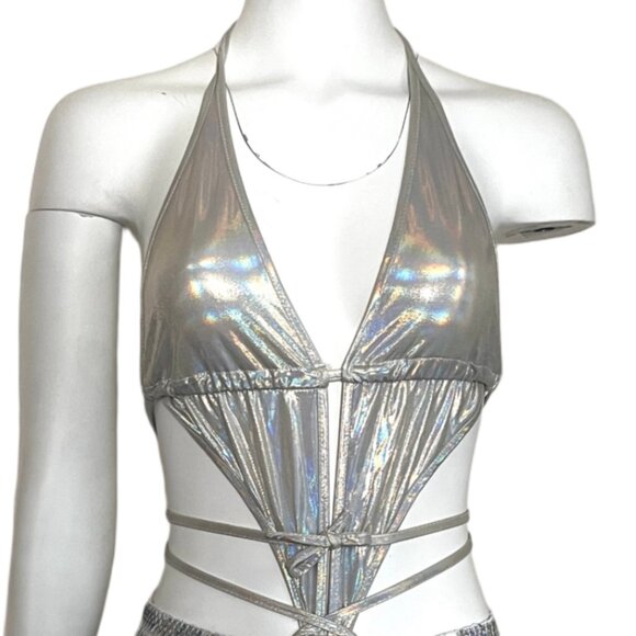 NWT Shein Hologram Tie Up  bodysuit Rave Festival Burning Man - Picture 5 of 10